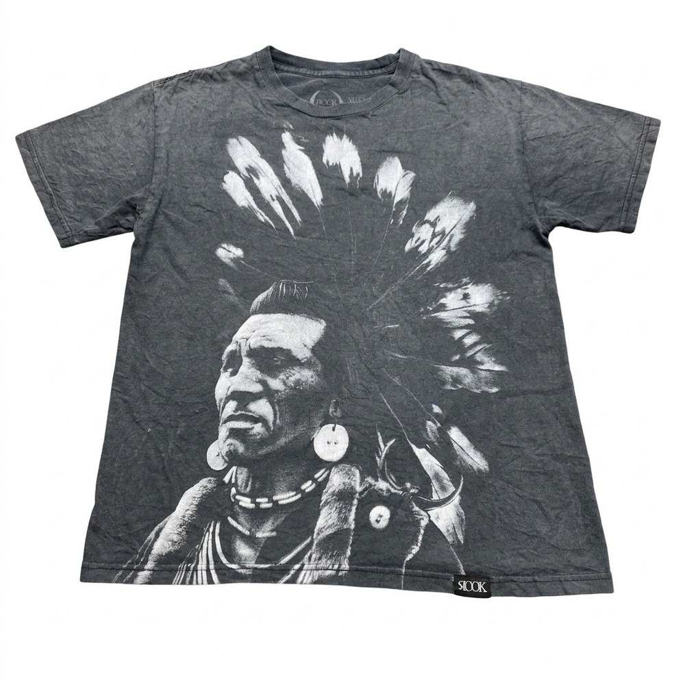 Rook Mens Graphic T-Shirt Native American Chief Faded Black Distressed‎ Small